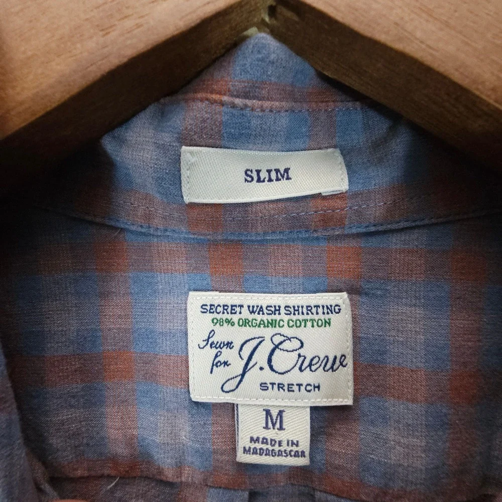 J. Crew Shirt Mens M Blue Brown Plaid Slim Fit Organic Cotton Stretch Streetwear